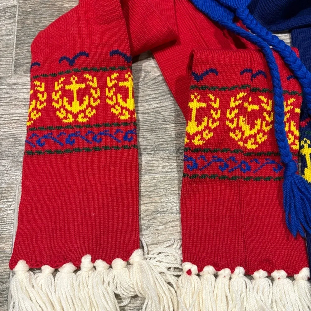 Vtg 100% Wool Handknit Scarf Hat Set Red Blue Nautical Tassel Fringe Vermont